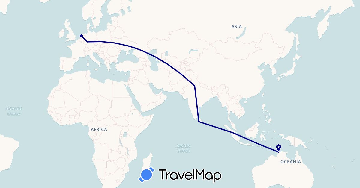 TravelMap itinerary: driving in Australia, Germany, Indonesia, India, Sri Lanka, Netherlands (Asia, Europe, Oceania)